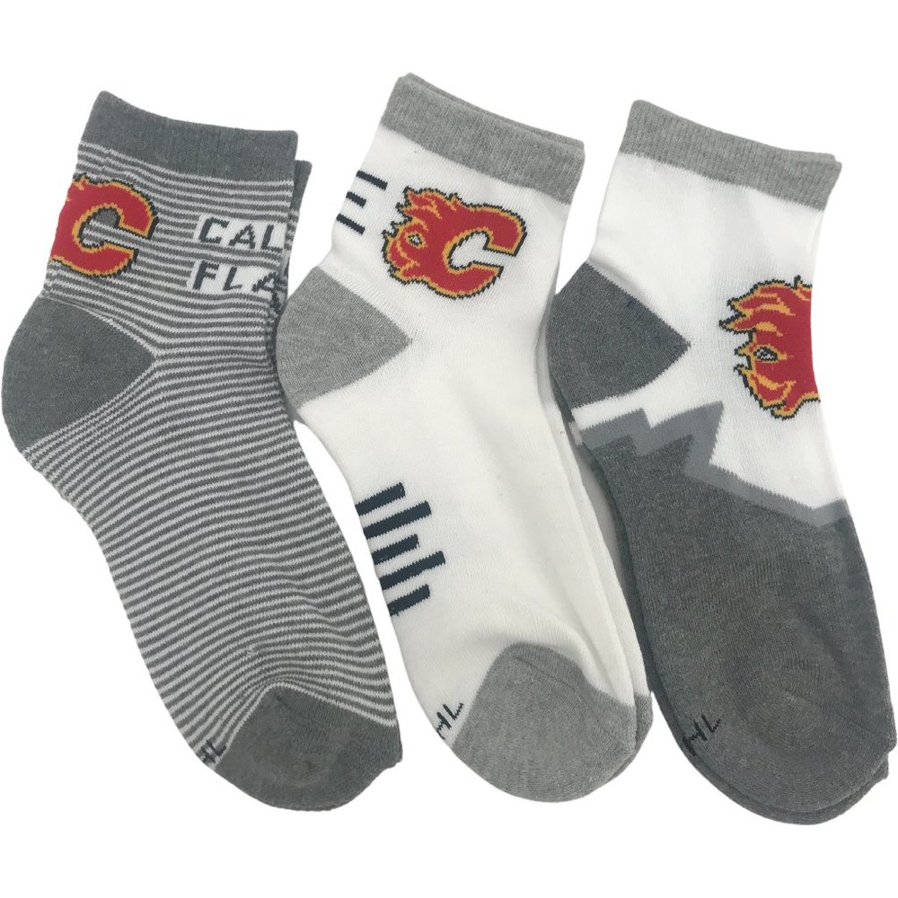 NHL | Children's Calgary Flames Socks | 3 Pack | Grey & White | Sock 8-10
